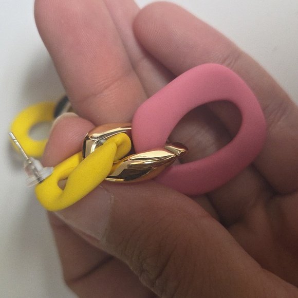 New Pink and Yellow Geometric Earrings - Picture 3 of 3